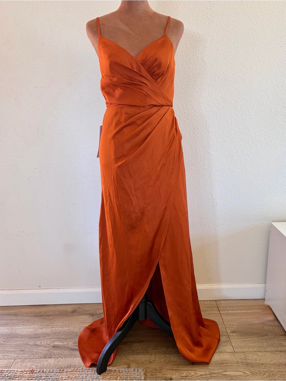 Azazie Rust Orange Satin Wrap Maxi Dress